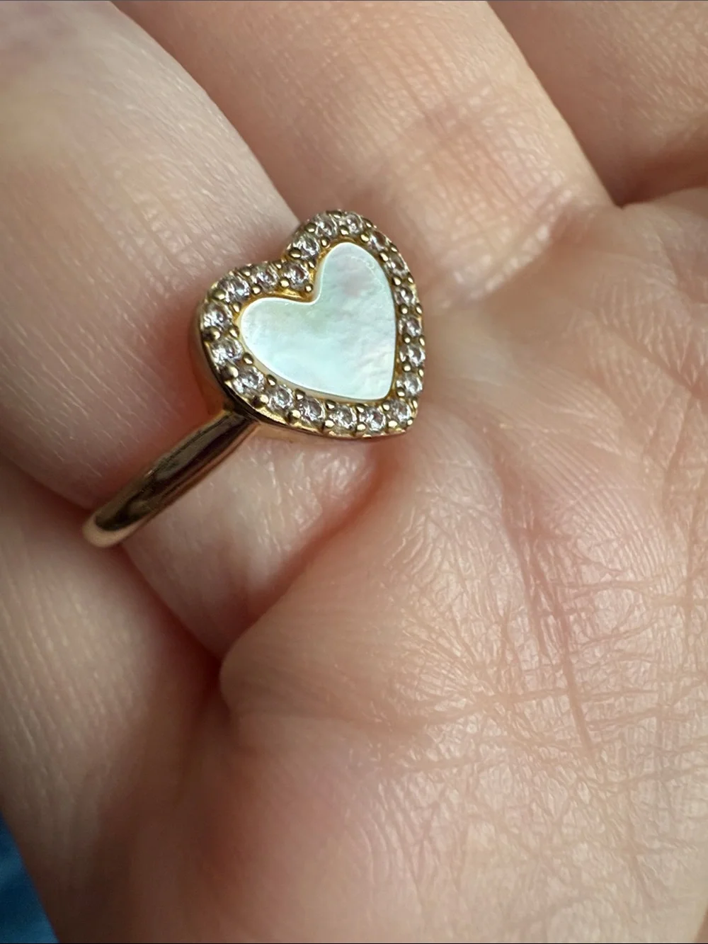 GP Gold Plated 925 Heart Mother-of-Pearl Ring with CZ Halo Size 7